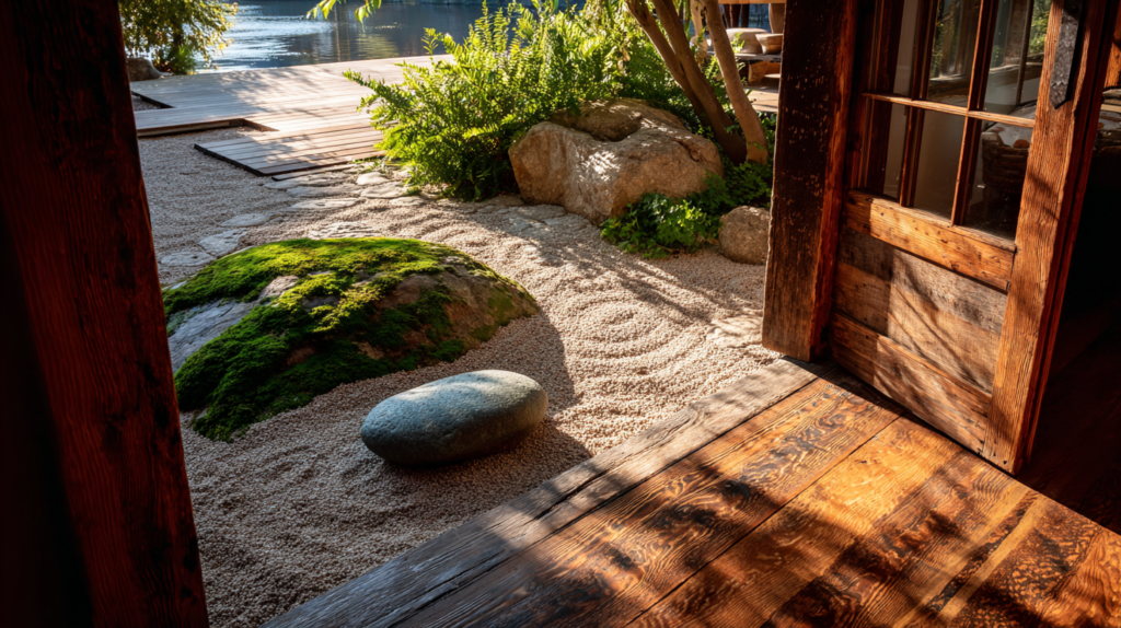 A small Japanese-influenced contemplative garden viewed from inside a warm interior, raked pale gravel with a single smooth stone placed off-center, surrounded by generous negative space, a moss-covered rock at the edge, afternoon shadows lengthening across the gravel, the emptiness of the garden visible through an open timber-framed doorway, the threshold itself a form of ma architectural photography, warm and meditative, earthy natural palette