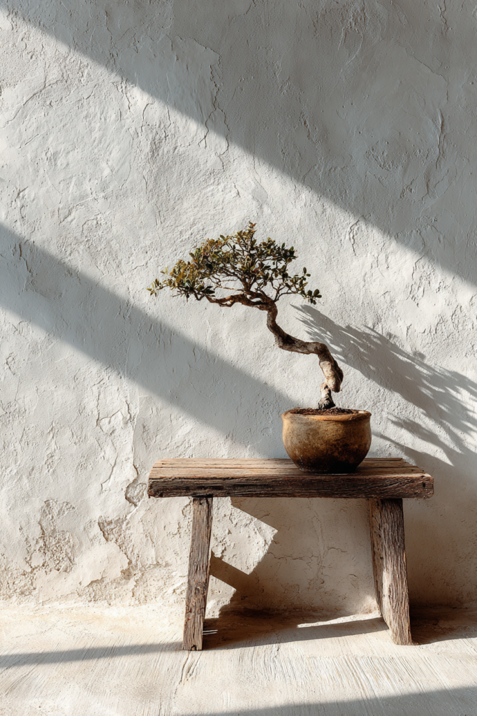A small weathered bonsai tree on a worn oak console table against a white plaster wall, extensive empty wall space surrounding it, dramatic soft side lighting, the shadow of the bonsai stretching gently across the wall, tatami-textured floor visible below, Japanese minimalist interior, wabi-sabi aesthetic fine art interior photography