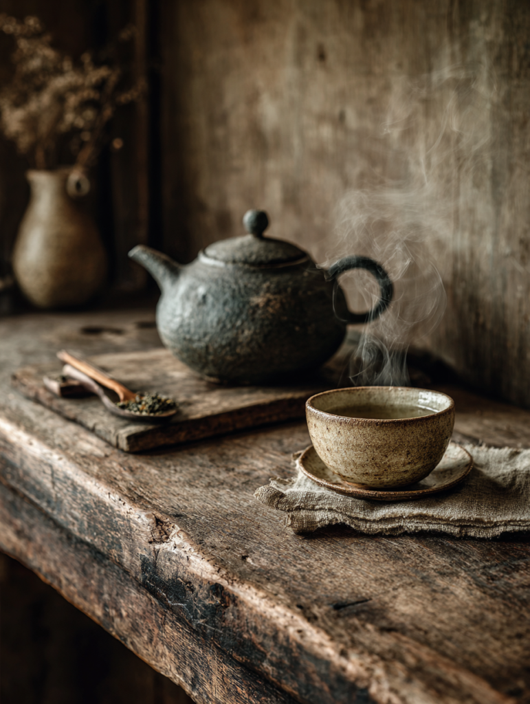 A sparse tea preparation scene on a low aged wooden table a rough-textured clay teapot, one irregular handmade cup, a small chakin cloth of natural unbleached linen, steam rising from the cup, morning light, the table surface showing its history, nothing symmetrical, nothing perfect, everything chosen Japanese wabi-sabi still life, editorial photography, warm clay and cream tones, deeply contemplative