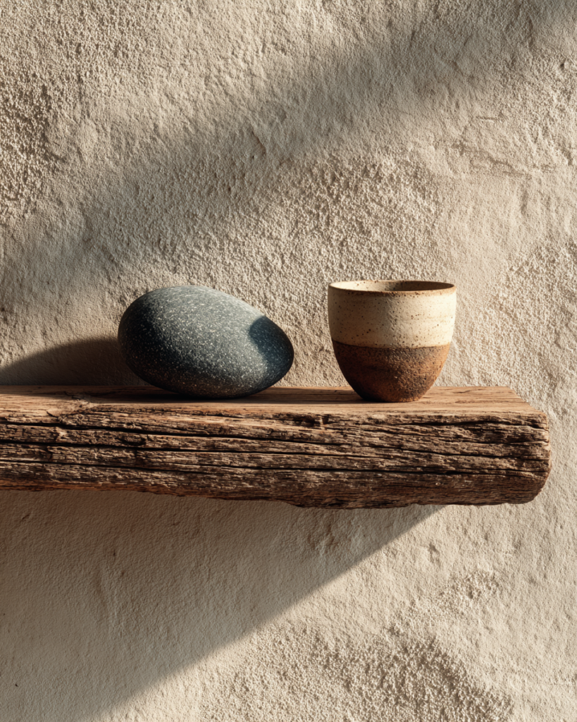 A sparse wooden shelf mounted on a raw plaster wall, holding only two objects with vast empty space between them one smooth river stone on the left, one small handmade ceramic cup on the right, soft directional natural light, the negative space between them as compositionally important as the objects, warm sand and ash tones, editorial still life photography, Japanese minimalist aesthetic