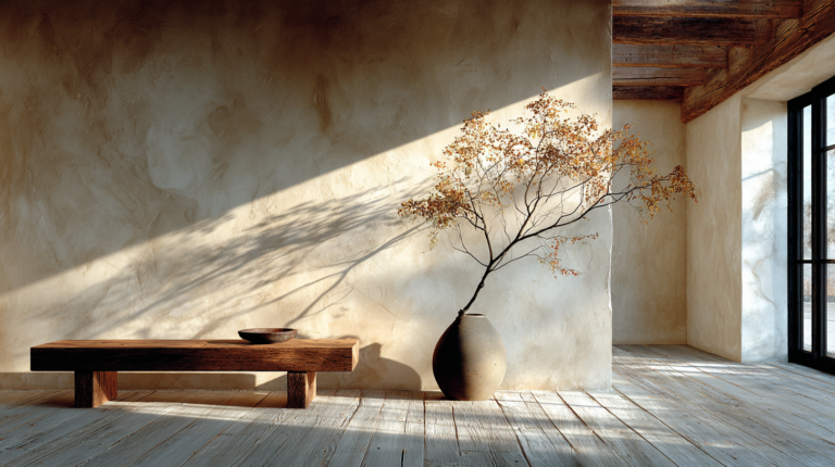 A warm minimalist Japanese-inspired interior suffused in late morning light, an expansive bare plaster wall in pale bone and warm ivory, a single low oak table with nothing on it casting a long thin shadow across the floor, wide-plank pale timber flooring, one slender dried branch in a narrow clay vase in the far corner, the emptiness itself the subject editorial interior photography, generous negative space, film grain, ultra-warm muted palette of ivory, sand, and weathered wood, wide landscape format, deeply still, deeply human