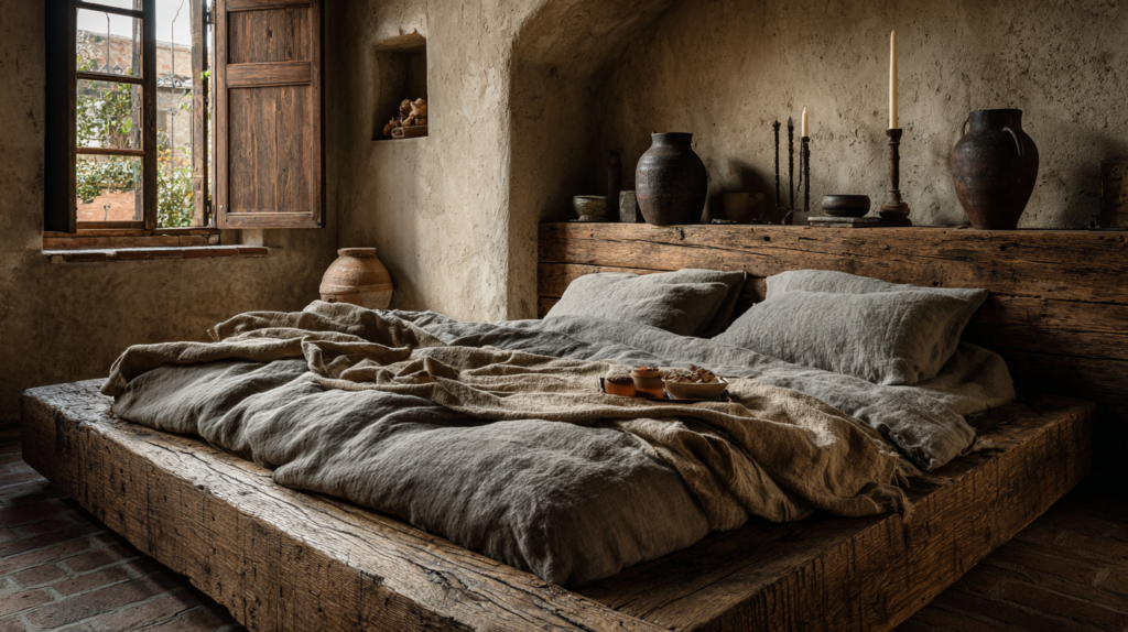 A warm minimalist bedroom with a low timber bed frame showing its age gracefully wood grain visible, slightly worn at the edges, linen bedding undyed and softly creased, an old iron candle holder on the windowsill, plaster walls with the warmth of many coats over many years, morning light, nothing new, everything settled and right interior editorial photography, wabi-sabi lived-in beauty, warm bone and aged timber palette, human and deeply calm