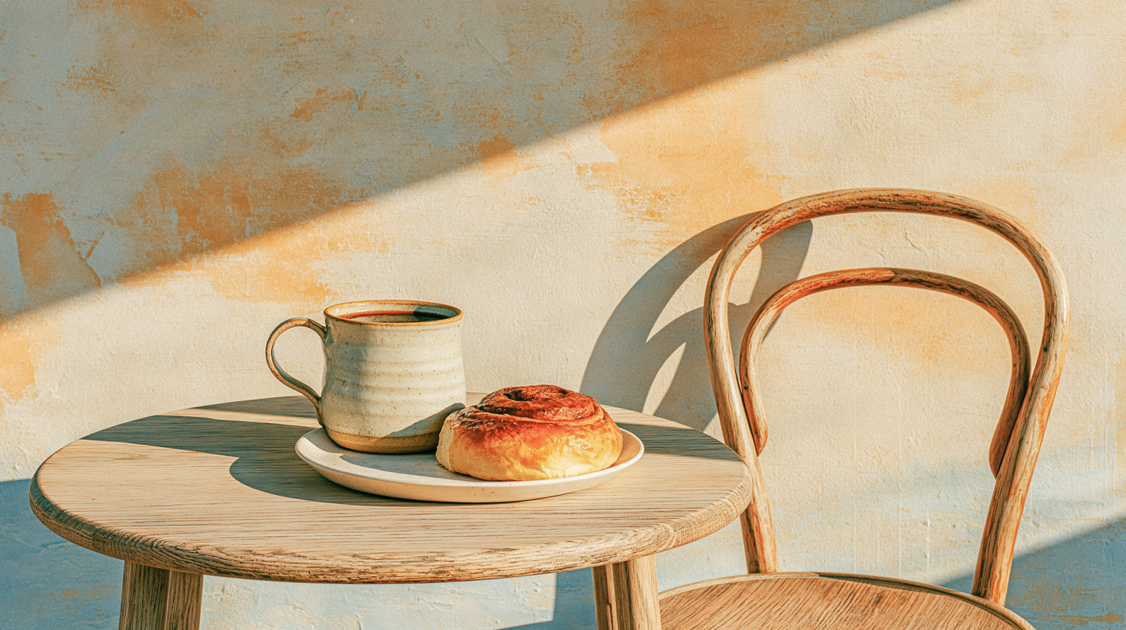 A warm minimalist fika moment at a small pale oak table a single handmade ceramic mug of dark coffee, a cinnamon bun on a simple white plate, morning light crossing the table surface in a long warm diagonal, nothing else on the table, bare plaster wall behind in warm ivory, the chair beside the table empty and inviting, the scene deeply still and entirely unhurried editorial lifestyle photography, Swedish fika ritual, film grain, warm amber and bone palette, wide format, the pause as subject