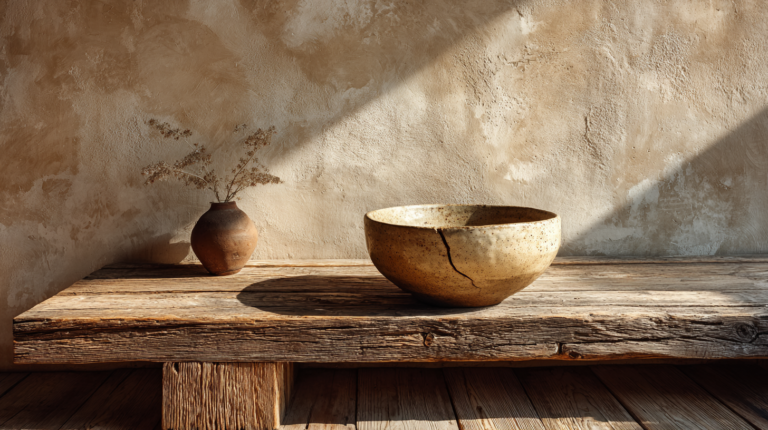 A warm minimalist interior with a low weathered oak table holding a single handmade ceramic bowl its glaze running unevenly, a hairline crack along one side, beautiful in its imperfection surrounded by pools of morning light on wide-plank floorboards, rough plaster wall behind in warm bone and pale clay, nothing staged, nothing forced, the beauty found in what is quietly worn and honestly made editorial interior photography, wabi-sabi aesthetic, film grain, warm amber and aged ivory palette, deeply still and human