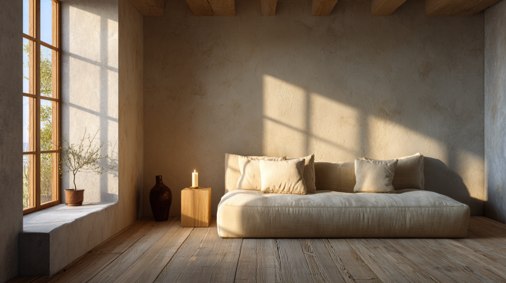 A warm minimalist living room with furniture pulled generously away from walls, a low linen sofa with space around all sides, one small side table holding a single candle, bare plaster walls, wide-plank oak floor, late afternoon light pooling on the empty floor between the sofa and the window, the intervals between pieces as considered as the pieces themselves interior editorial photography, deeply livable, warm ivory and clay palette