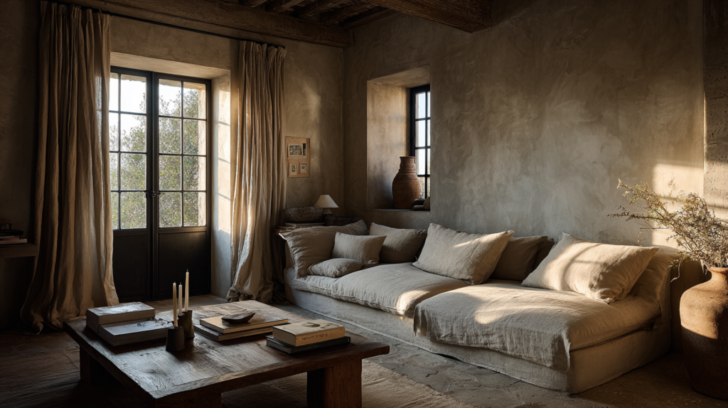 A warm minimalist living room that shows the comfortable evidence of actual life a softly rumpled linen throw on a low sofa, a well-used book on an oak side table, afternoon light falling unevenly through curtains, plaster walls with the gentle marks of time, objects that have clearly been chosen over years rather than at once, no staging, no perfection interior lifestyle photography, wabi-sabi warmth, honey and linen tones