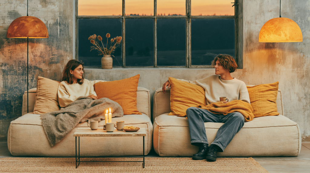A warm minimalist living room arranged for quiet togetherness two low sofas facing each other across a coffee table with candles, mugs, and a small plate of something simple, linen cushions, a wool blanket shared across laps, amber lamplight, winter dark at the windows, the scene entirely unhurried and unposed interior lifestyle editorial photography, hygge gathering, warm amber and ivory, genuine and deeply human