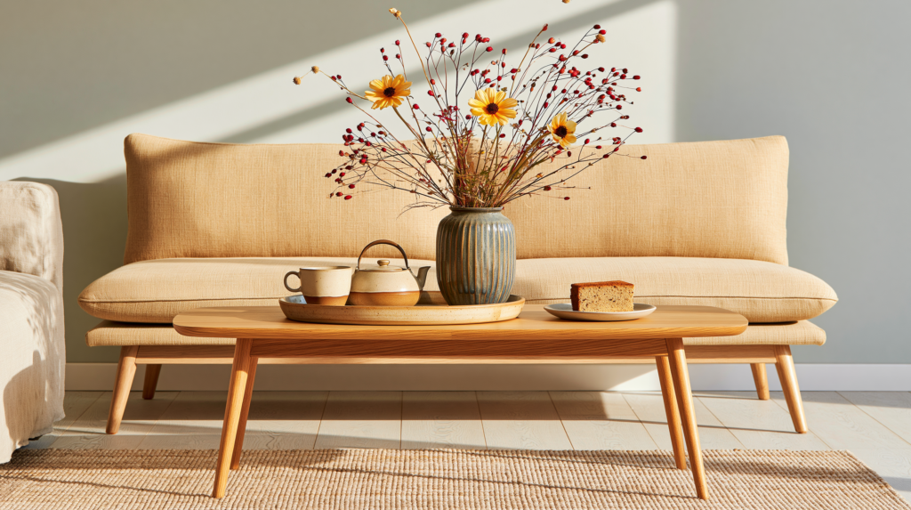 A warm minimalist living room at mid-afternoon, a low coffee table holding a ceramic tray with two cups, a small teapot, and a single piece of cardamom cake on a plate, late afternoon light slanting long and golden across pale oak floors, a linen sofa visible at the edge of the frame, no screens, no clutter, the moment feeling genuinely given over to rest interior lifestyle photography, afternoon fika, warm golden amber and bone, deeply restorative