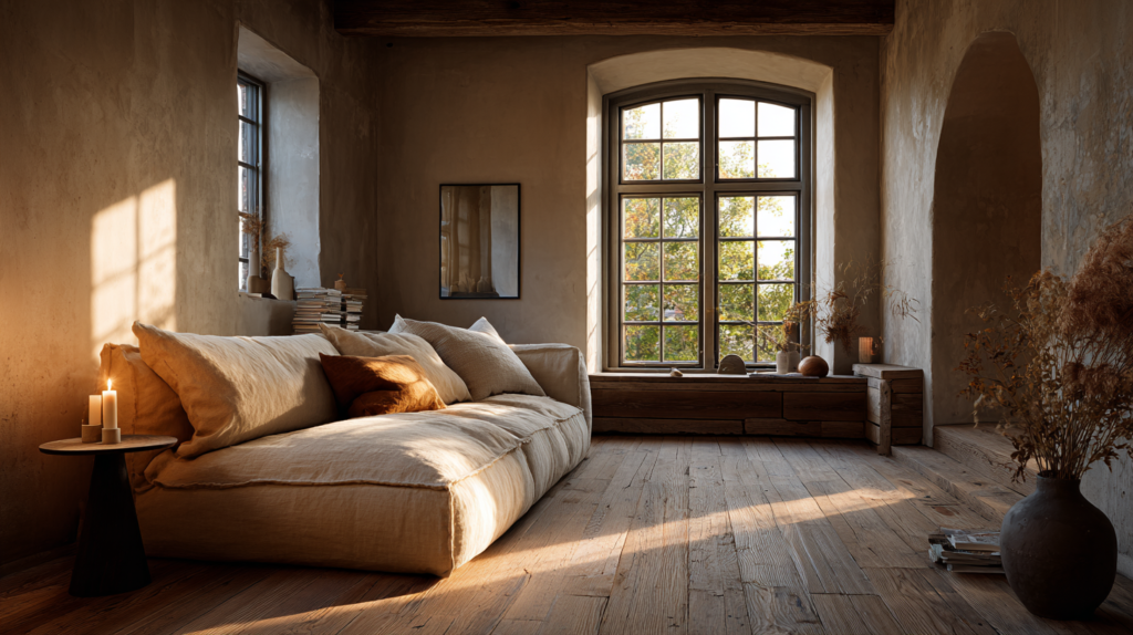 A warm minimalist living room with furniture pulled generously away from walls, a low linen sofa with space around all sides, one small side table holding a single candle, bare plaster walls, wide-plank oak floor, late afternoon light pooling on the empty floor between the sofa and the window, the intervals between pieces as considered as the pieces themselves interior editorial photography, deeply livable, warm ivory and clay palette