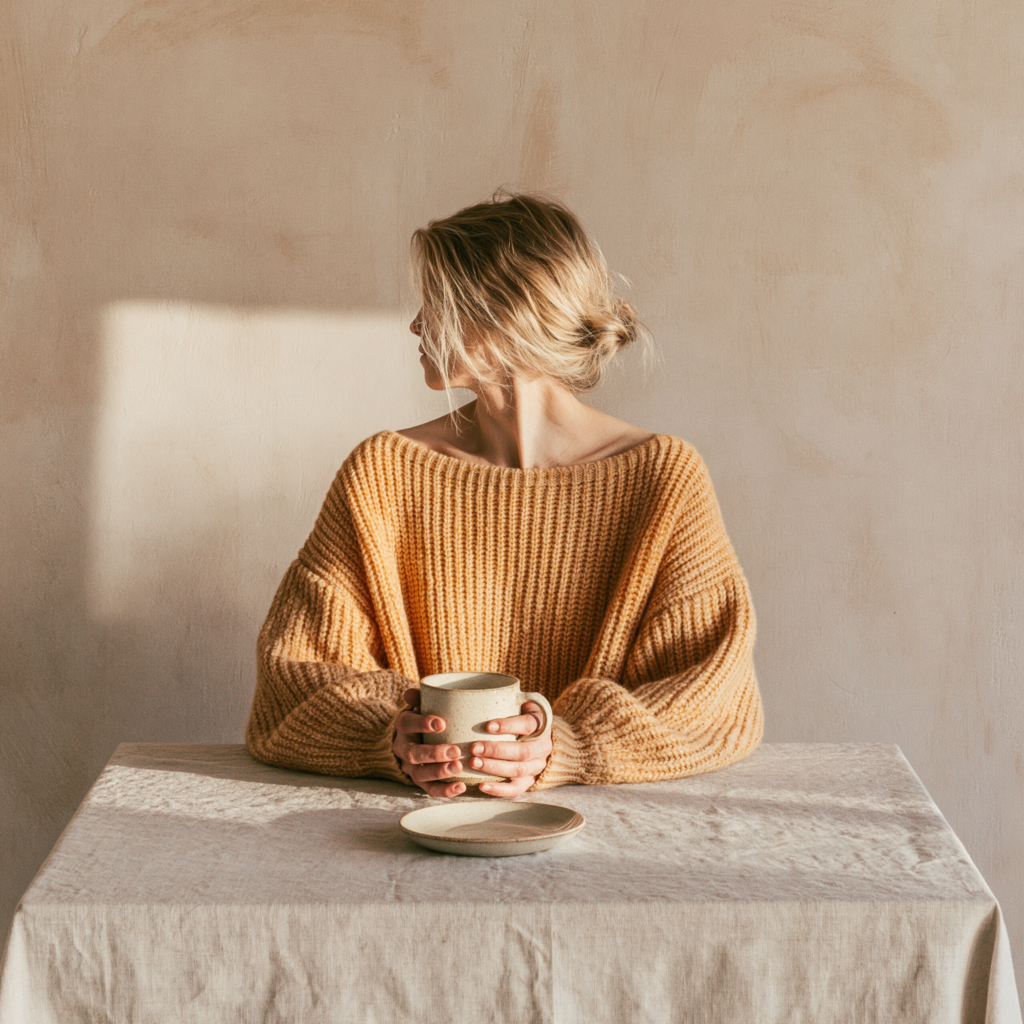 A woman at a table with both hands wrapped around a ceramic mug at a small bare kitchen table in early morning light, the table otherwise holding only a small plate, a square of winter light from an unseen window falling across the surface, the mood of the first quiet moment before the day begins lifestyle editorial photography, solitary fika, warm amber and bone, intimate and unhurried