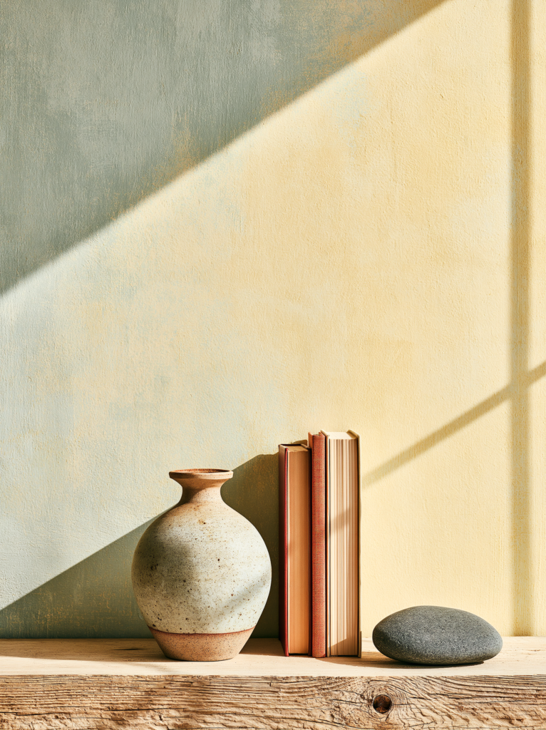A wooden shelf holding exactly the right number of objects a small ceramic vase, two books standing upright, one smooth stone, generous empty space between and around each item, warm directional light, pale wall behind, nothing competing for attention, the composition feeling complete rather than sparse editorial still life interior photography, lagom balance, warm sand and sage tones, Scandinavian restraint