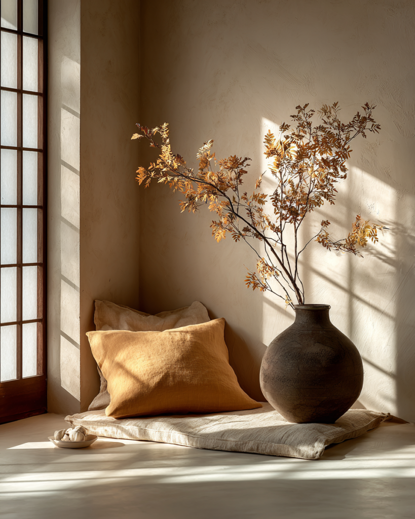 A spare reading corner with a low linen cushion on tatami, a single branch of dried botanicals in a matte clay vase, natural light from a shoji-style paper screen casting soft geometric shadows across the floor, warm sand and ivory tones, utterly still interior lifestyle photography, warm minimalism, film photography aesthetic