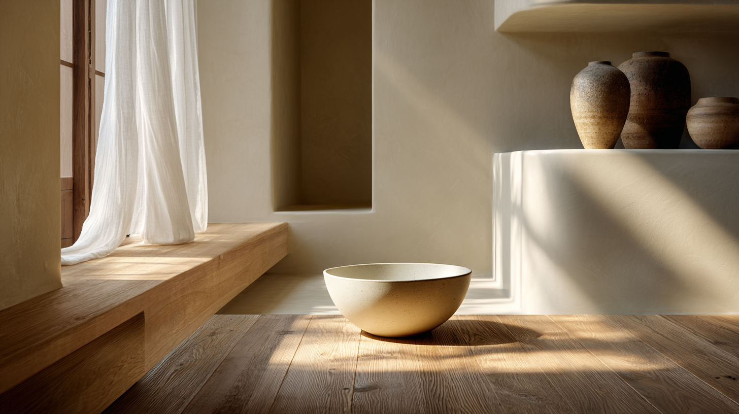 A warm minimalist Japanese-inspired interior at golden hour, soft diffused light falling across a wide-plank oak floor, a single handmade ceramic bowl resting on a low wooden shelf, white linen curtains moving gently, empty wall space, subtle shadow play, a mood of quiet presence and deep calm editorial interior photography, film grain, muted earth tones, warm ivory and pale clay palette, wide aspect ratio, no people