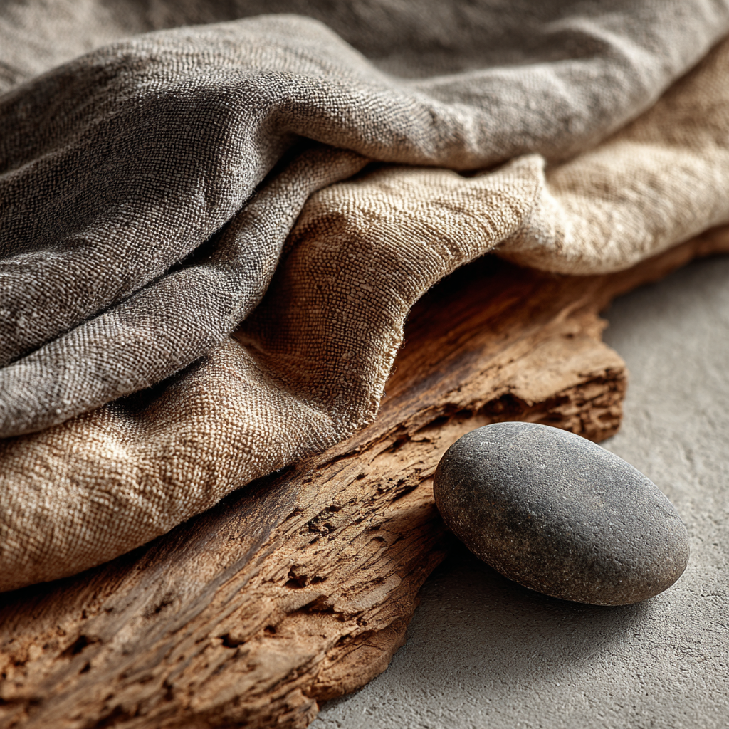 Abstract close-up of natural textures in a warm minimalist home aged linen folded on a rough oak surface beside a smooth matte stone, soft natural light, no people, macro detail, wabi-sabi imperfection, organic tones of sand, bone, warm grey, aged wood fine art still life photography, editorial minimalism
