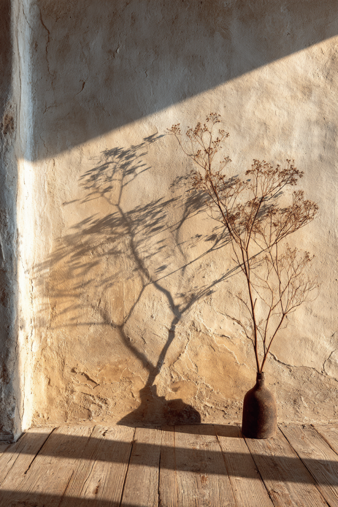 Abstract interior study: the shadow of a single dried botanical stem stretching across a bare warm plaster wall, the stem itself out of frame, only its shadow visible elongated, delicate, trembling at the edge of the frame, surrounding wall entirely bare and warm ivory, floor of pale weathered oak below, the shadow the only gesture in the composition fine art interior photography, ma as negative space, deeply Japanese aesthetic sensibility
