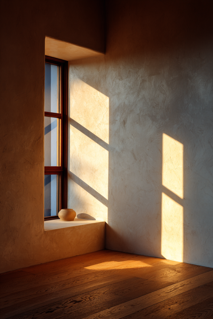 Architectural interior study of afternoon light crossing a bare warm plaster wall, the shadow of a window frame falling in soft geometric planes across cream-white surface, no furniture in frame, just the wall and floor meeting, warm oak boards, the quality of light itself the entire composition, empty and full simultaneously fine art interior photography, wabi-sabi, warm minimalism, muted gold and bone tones