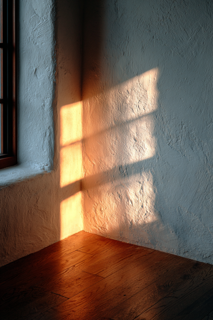 Architectural study of an intentionally empty corner in a warm minimalist home bare white plaster wall meeting oiled oak floor, a single shaft of morning light entering from off-frame, the shadow of a window grid cast softly across the wall, total simplicity, serene negative space, the beauty of nothing fine art interior photography, muted warm palette