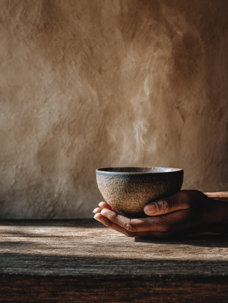 Close-up of a handcrafted ceramic tea bowl held by bare hands over a low wooden table, steam rising gently, morning light from an unseen window, background of warm neutral linen and raw plaster wall, blurred depth of field, sensory warmth, quiet ritual mood macro lifestyle photography, editorial quality, warm cream and terracotta tones