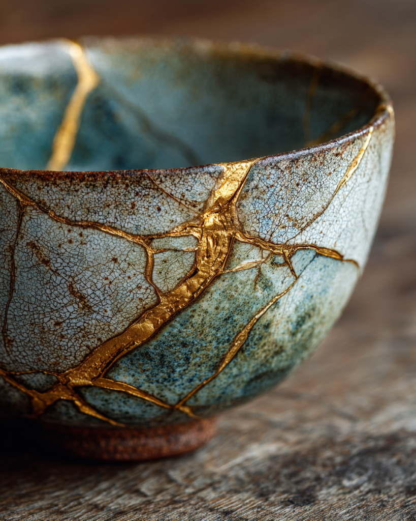 Close-up of a kintsugi ceramic bowl on a worn wooden surface, gold lacquer repair lines tracing its fractures in fine veins of metallic warmth, the crack made the most beautiful part of the object, soft natural side light emphasizing the texture of the glaze and the unevenness of the form, surrounding surface aged and textured fine art still life photography, macro, wabi-sabi, warm gold and clay tones, deeply intimate