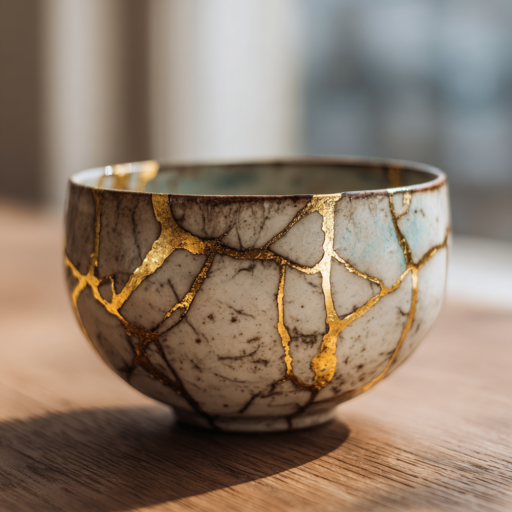 Close-up of a repaired ceramic bowl with glowing kintsugi gold seams, placed on simple wooden surface in warm minimalist setting, soft window light, beauty in imperfection, wabi-sabi aesthetic