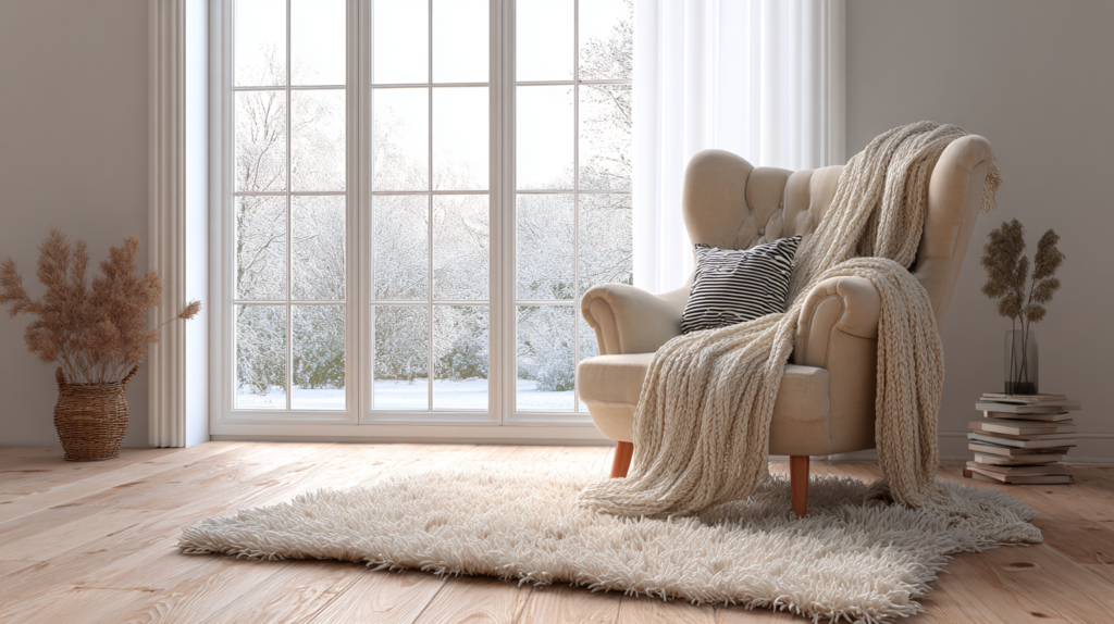 Cozy reading nook in a warm minimalist home with plenty of empty space around it, comfortable chair, soft blanket, natural light, embodying the concept of Ma