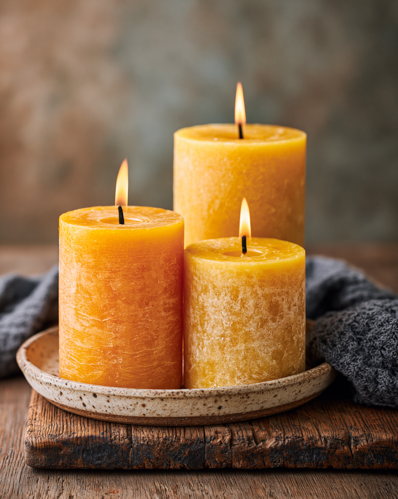 Extreme close-up of three beeswax pillar candles burning on a worn oak surface, flames soft and unhurried, warm amber light pooling on the wood grain, a shallow ceramic dish beneath them, background blurred into warm shadow, the quality of light itself the entire composition fine art still life photography, hygge, deep amber and honey tones, intimate and deeply still