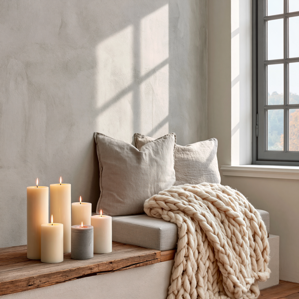 "Intimate hygge corner in a warm minimalist home, multiple lit candles on a simple wooden surface, soft wool throw, neutral tones, gentle warm lighting, deeply cozy and calm