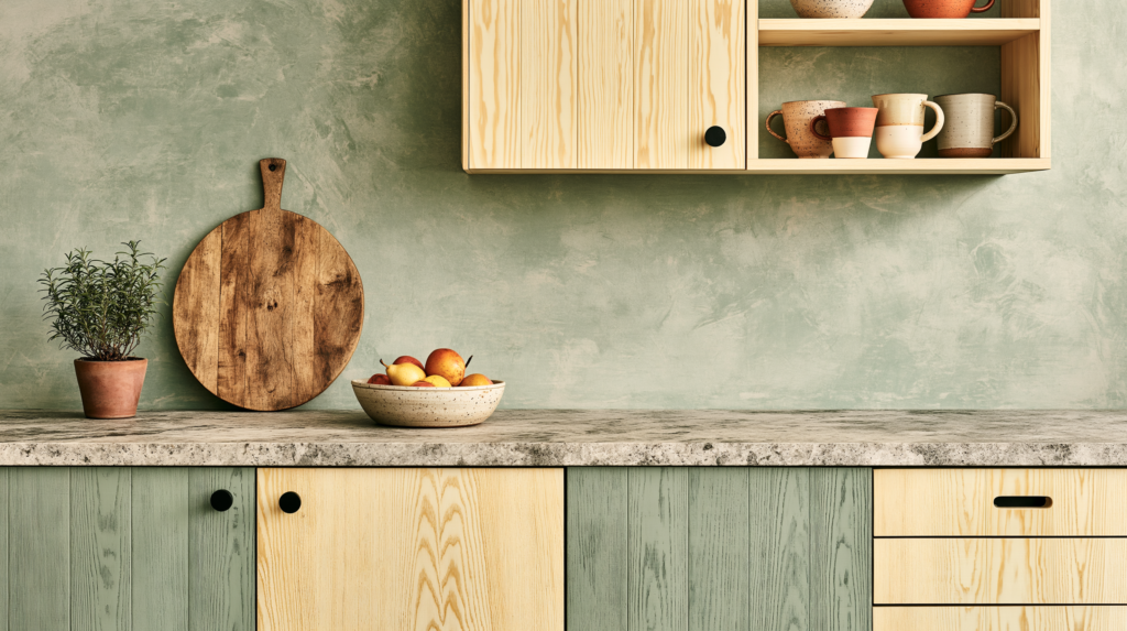 A calm Scandinavian-inspired kitchen, pale timber cabinets, stone countertops holding only what is used daily a wooden cutting board, a simple ceramic bowl of fruit, one small potted herb clear counter space, clean lines, morning light, handmade ceramic cups on open shelving with room between them, the room feeling purposeful and unhurried interior editorial photography, lagom functionality, warm bone and sage green, deeply livable