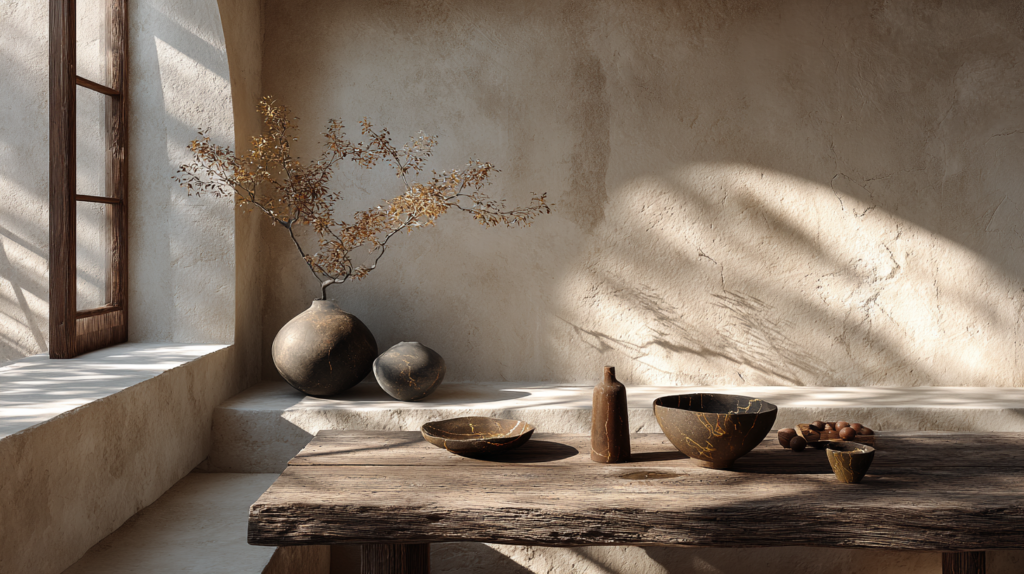 Serene warm minimalist interior celebrating wabi-sabi, beautifully imperfect handmade ceramics with kintsugi gold repair on wooden table, weathered wood textures, soft natural light, neutral earthy tones, peaceful and deeply human atmosphere