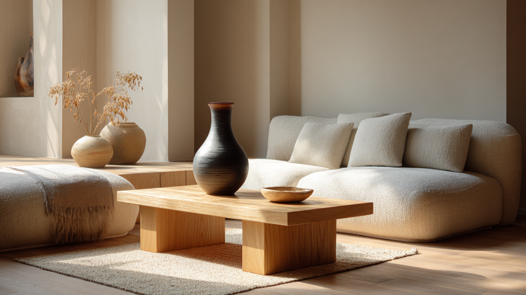 Serene warm minimalist living room emphasizing Ma the beauty of negative space, large empty areas with soft natural light, simple low wooden furniture, neutral linen textiles, one elegant ceramic vase, peaceful and inviting atmosphere, Japanese aesthetic influence