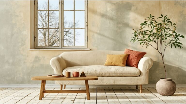 A perfectly balanced warm minimalist Swedish-inspired interior a living space that feels neither sparse nor full, a linen sofa with two carefully chosen cushions, a low oak coffee table holding three objects with intention and space between them, wide-plank pale timber floor, warm ivory plaster walls, natural light from a large window, one potted plant in a matte clay pot, the room feeling calibrated and quietly satisfied editorial interior photography, lagom Scandinavian balance, film grain, soft sage and warm bone palette, wide format, deeply livable and at ease