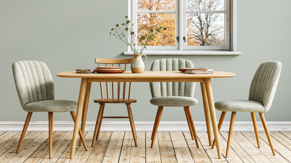 A simple Swedish-style dining table set for everyday use pale oak surface, four simple chairs in natural linen, a small ceramic jug with a few stems of greenery at the center, handmade plates and linen napkins without formality, natural light, no overhead clutter, the table sized exactly to the people around it interior lifestyle photography, lagom dining, warm bone and muted sage, unhurried and human