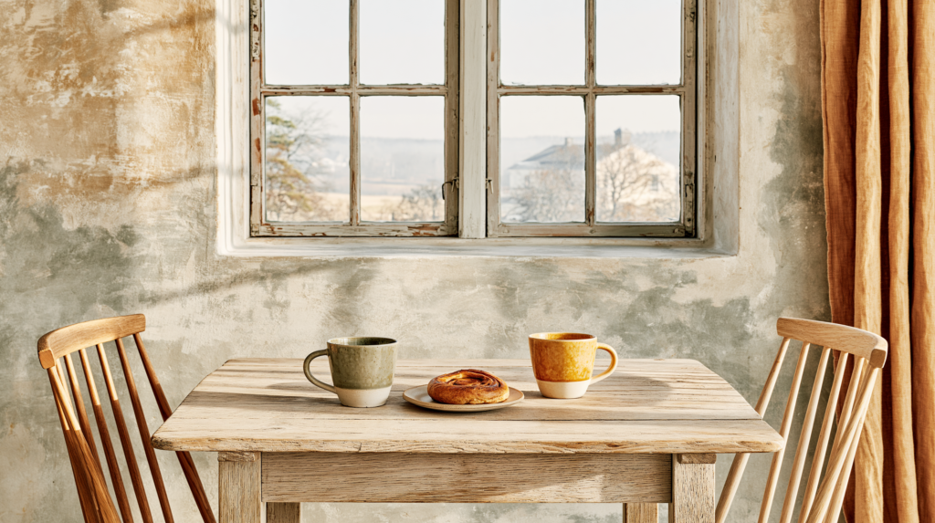 Two handmade ceramic mugs on a simple pale oak dining table, a small plate with a cinnamon bun between them, two chairs angled toward each other, morning light flooding from a large window, the table clear of everything else, warm plaster walls, linen curtains, the scene suggesting recent or imminent conversation interior lifestyle photography, Swedish fika for two, warm bone and amber tones, unhurried and quietly joyful