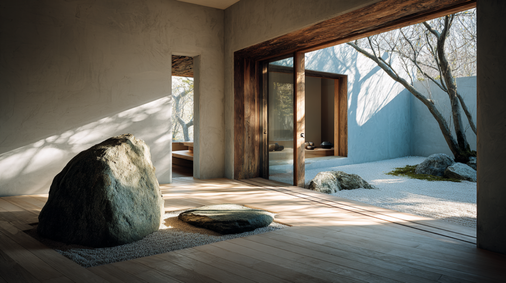 View from inside a warm minimalist room through a large open sliding door to a small contemplative garden raked gravel, a smooth stone, a single moss-covered rock, warm afternoon light casting long shadows, interior floor of pale oak visible in the foreground, a mood of open stillness architectural interior photography, editorial calm