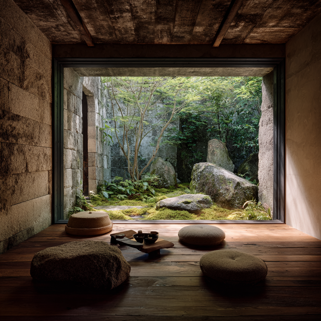 Warm minimalist room opening to a simple natural garden with moss and weathered stones, wabi-sabi aesthetic, embracing imperfection and transience