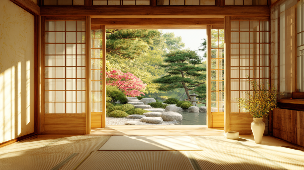 Warm minimalist room with open view to a simple Japanese garden, emphasizing the Ma between interior and exterior, sliding doors, empty space, soft natural light