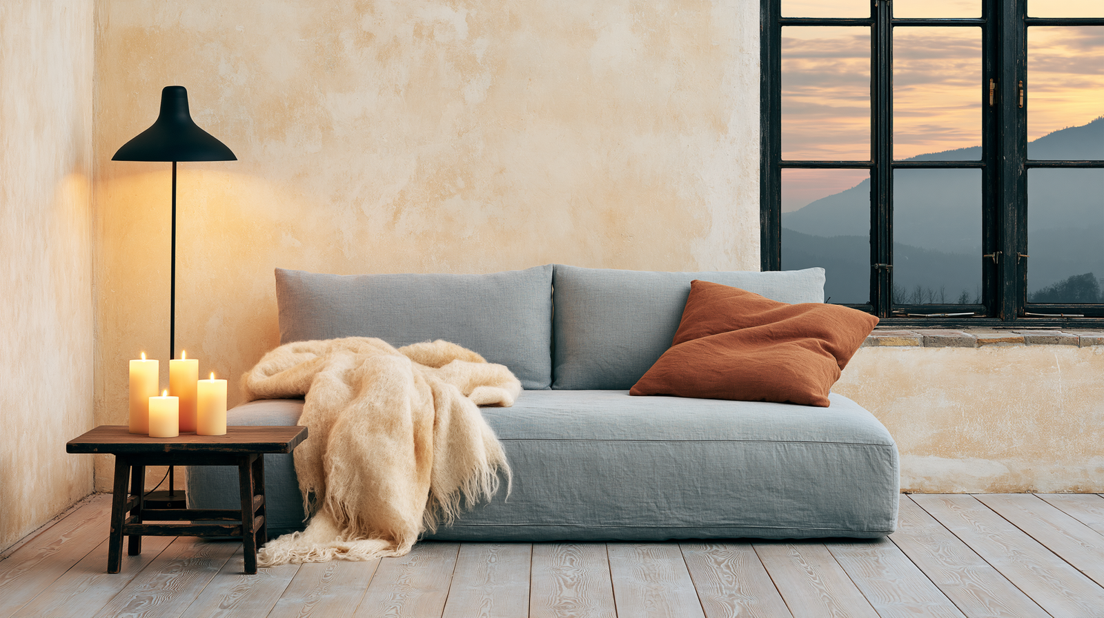 A warm minimalist Scandinavian living room at dusk, candlelight and a single low lamp casting amber pools of warmth across pale oak floors, an undyed wool throw draped over a low linen sofa, a cluster of three pillar candles on the coffee table, bare plaster walls in warm ivory, dark winter windows beyond, the room glowing from within like an ember editorial interior photography, hygge atmosphere, film grain, deep amber and warm bone palette, wide format, deeply enveloping and calm