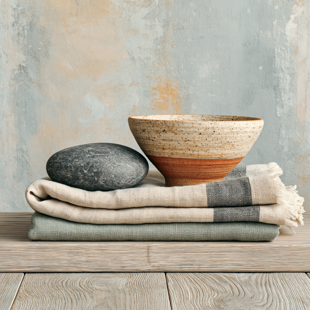 A close composition of natural materials in lagom proportion a section of pale oak tabletop, a folded piece of undyed linen, one smooth grey stone, a small ceramic vessel in warm clay, all arranged with generous space between each element, soft morning light, nothing excessive, the materials speaking clearly because they are not crowded fine art still life photography, Scandinavian natural materials, warm bone and sage tones