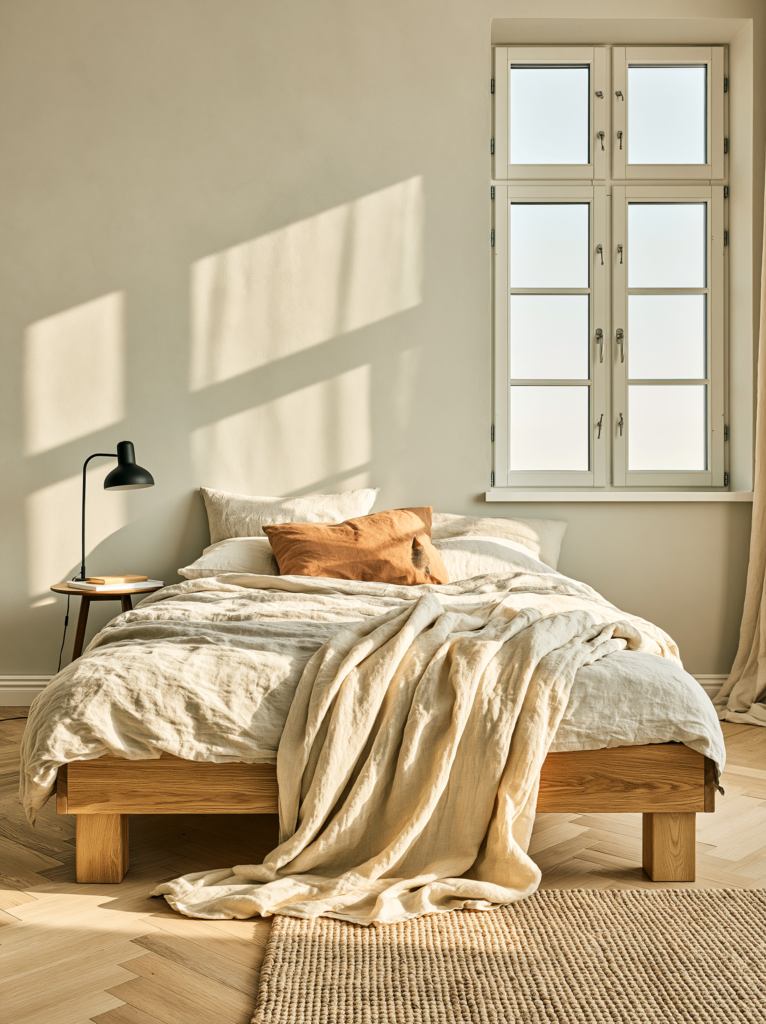 A warm minimalist bedroom in lagom balance a low oak bed frame, linen bedding in undyed oat, one small bedside table holding a lamp and a single book, nothing else, morning light through pale curtains, empty wall space on either side of the bed feeling deliberate rather than unfinished, a simple woven rug, the room completely at rest interior editorial photography, Scandinavian balance, warm bone and natural linen, quietly complete