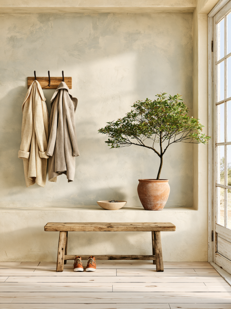 A warm minimalist entryway that holds exactly what is needed one coat hook with two coats, a simple low bench with one pair of shoes beneath it, a small ceramic bowl for keys on a shelf, one plant in a clay pot, warm plaster walls, pale timber floor, natural light from above, nothing excessive, nothing missing, the entry functioning as a threshold between worlds interior photography, lagom entryway, Scandinavian restraint, warm bone and natural tones