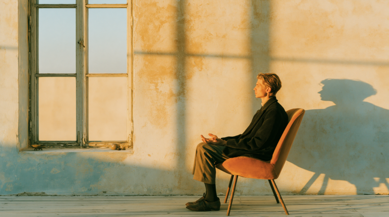 A warm minimalist interior at morning a person seated quietly near a large window, not meditating formally but simply present, hands resting open in their lap, soft light falling across them and the pale oak floor, the room spare and still around them a few chosen objects, warm plaster walls in ivory and bone, nothing competing for attention, the quality of presence itself the subject editorial lifestyle photography, mindfulness and warm minimalism, film grain, warm bone and soft golden light, wide format, deeply still and fully alive