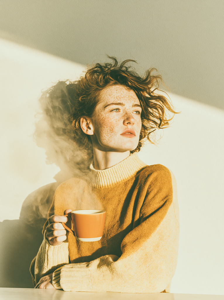 A warm minimalist kitchen scene of full sensory attention a person watching steam rise from a ceramic cup on a clear countertop, morning light, eyes directed at the steam with quiet curiosity, no phone, no screen, the entire attention given to this small and sufficient moment lifestyle editorial photography, mindfulness in ordinary ritual, warm amber and bone, the present moment as subject