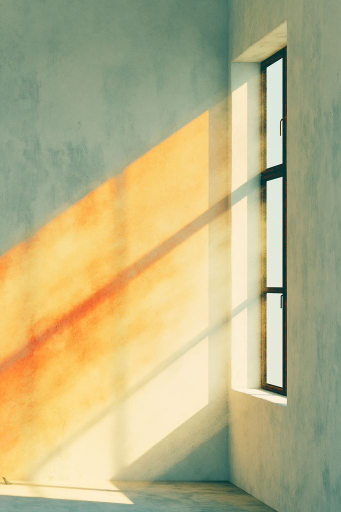 Abstract interior study morning light entering a bare warm minimalist room at a low angle, illuminating dust motes suspended in the air, the quality of breath made visible, no furniture in the central frame, just light and air and the warm plaster wall receiving them, deeply still, the atmosphere of a room that is being genuinely inhabited at the level of the senses fine art interior photography, mindfulness, warm gold and bone, utterly quiet