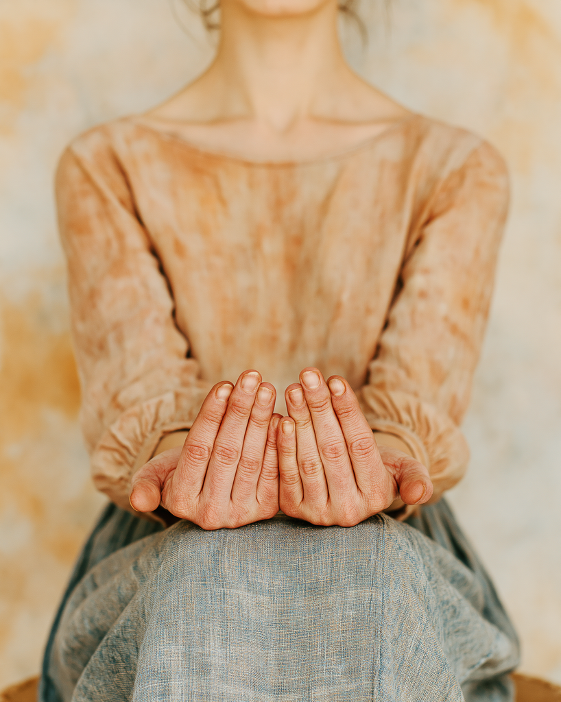 Close-up of two hands resting open and relaxed in a lap palms upward, still, in a warm minimalist interior, soft natural light from one side, a blurred background of pale plaster and warm wood, the hands themselves the entire subject their texture, their stillness, the quality of rest in them fine art lifestyle photography, mindfulness and presence, warm bone and skin tones, deeply intimate and grounded