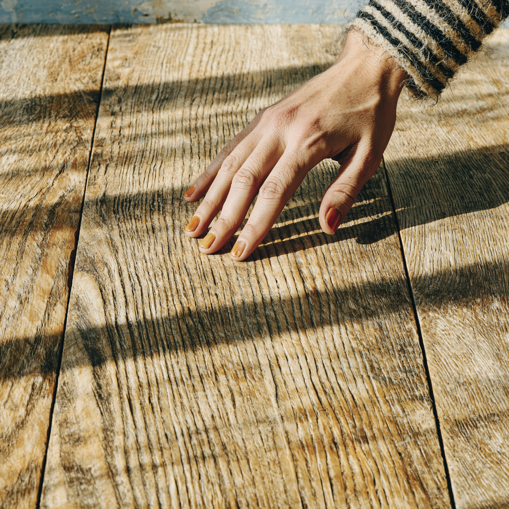 Extreme close-up of a hand touching the surface of a worn oak table fingertips resting lightly on the grain, feeling the texture, afternoon light across the surface revealing every mark and variation, the act of genuine tactile attention to something ordinary fine art lifestyle photography, mindful attention to material, warm amber and honey wood tones, deeply sensory and present