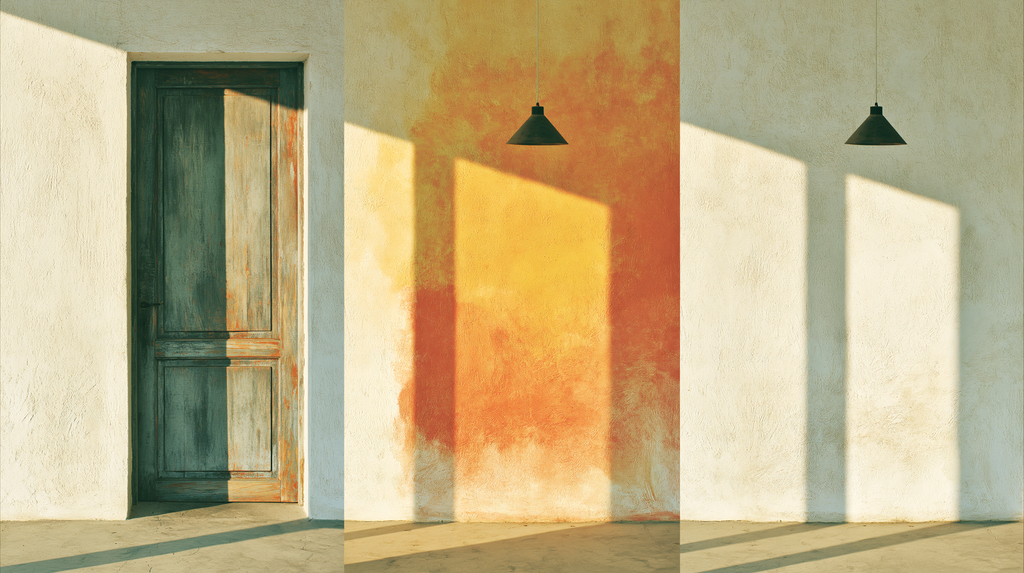 A sequence impression of light changing in a warm minimalist room late afternoon sun casting a long warm rectangle across a bare pale floor that is clearly different from the morning's light, the room itself unchanged, only the light moved, the composition expressing the passage of time as something worth noticing fine art interior photography, mindfulness and impermanence, warm amber deepening toward gold, deeply quiet and aware
