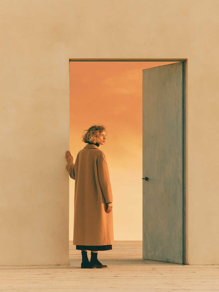 A person in a warm minimalist room pausing in a doorway hand on the door frame, attention clearly directed into the room they are about to enter, the posture of someone genuinely noticing rather than rushing through, warm morning light beyond, pale oak floor, simple bare walls, the moment of threshold as the entire subject interior lifestyle photography, mindful living, warm bone and soft amber, quietly observant