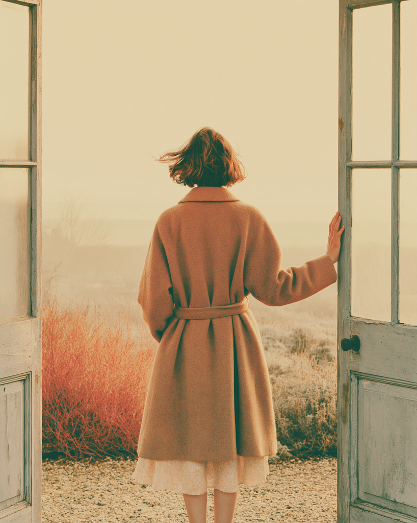 A person standing at an open doorway, looking out at a simple garden or bare winter trees, fully still, one hand resting on the window frame, the posture of someone genuinely attending to what is outside no phone, no distraction, just looking with quiet curiosity at what the morning is doing lifestyle editorial photography, mindful attention to nature, pale outdoor light and warm interior, the boundary between inside and present moment