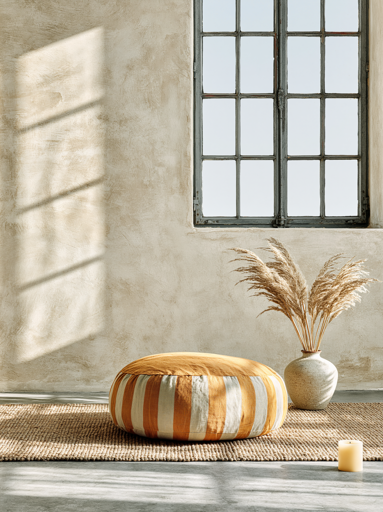 A warm minimalist meditation corner a single round linen cushion on a natural jute mat, morning light from one side, bare plaster wall behind in warm ivory, the space around it empty and intentional, one small beeswax candle on the floor nearby unlit, the corner exuding an atmosphere of regular, unhurried practice interior lifestyle photography, mindfulness practice space, warm bone and soft natural tones, spare and deeply purposeful