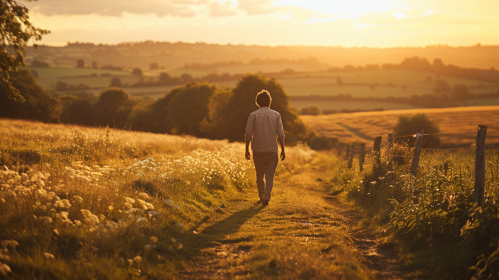 a person walking slowly along a quiet countryside path at golden hour, warm earthy tones, soft natural light, wearing simple linen clothing, no rush in posture, wide open landscape, sense of unhurried presence and connection to nature